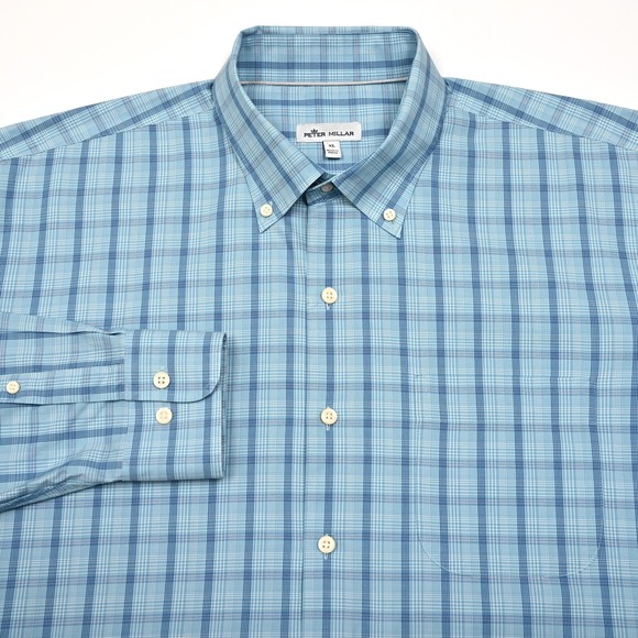 Peter Millar Mens Performance Shirt Blue Plaid Silk Blend‎ Button Down Preppy XL - Picture 1 of 9